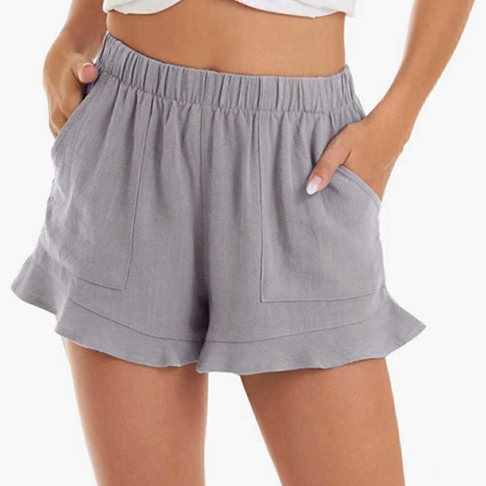 Women's Size Small Casual Shorts Sage Green Gray Ruffle Hem Pockets Stretch - Picture 11 of 11